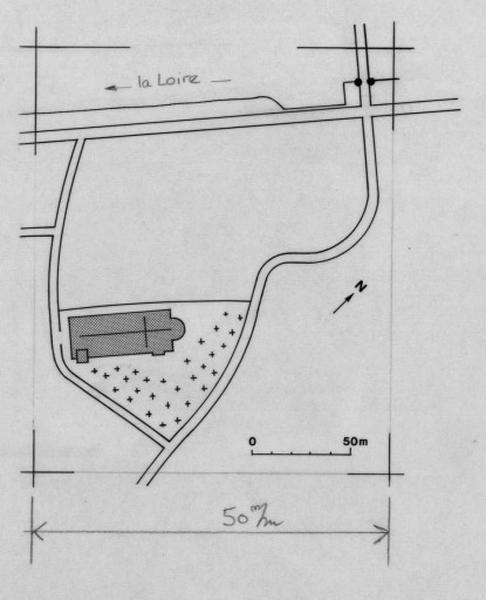 Plan de situation de l'enclos paroissial de Saint-Saturnin à la fin du Moyen Age (hypothèse de restitution).