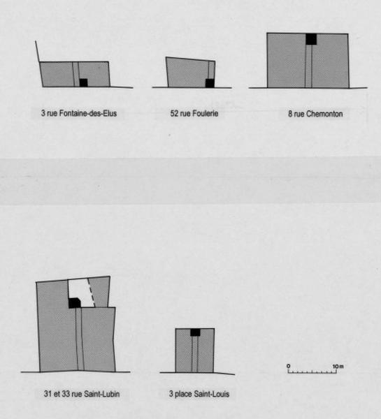 Plans schématiques de maisons construites sur des parcelles parallèles à la rue ou presque carrées.