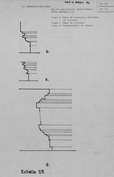 Coupes de la base du pilastre, de la base de la colonne et du soubassement de la statue de l'autel-retable.