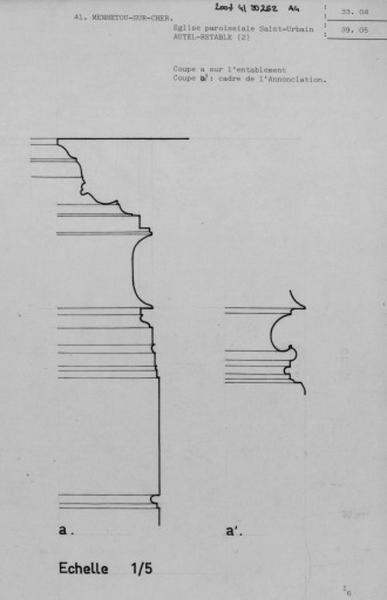 Coupes sur l'entablement et du cadre de 'l'Annonciation' de l'autel-retable.