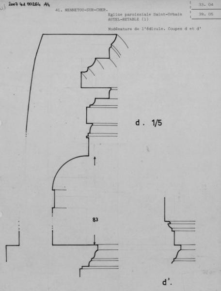 Coupes de modénature de l'édicule de l'autel-retable.