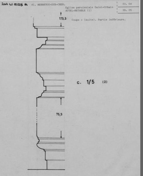 Coupe de modénature de l'édicule de l'autel-retable.