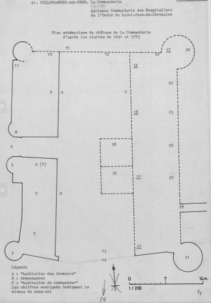 Plan schématique du château de la Commanderie d'après les visites de 1641 et 1773.