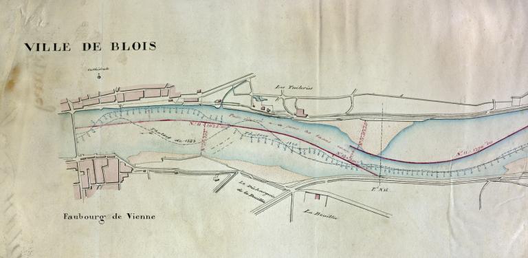 Carte du tracé de la Loire de Briare à Nantes, 1835, par l'ingénieur Lemière (étude relative à l'amélioration de la navigation). Détail sur la section située en amont du pont de Blois. (archives nationales, CP F 14 100 66/1, pièce 3).