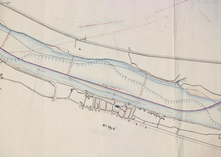 Carte du tracé de la Loire de Briare à Nantes par l'ingénieur Lemière, 1835. Etude relative à l'amélioration de la navigation sur le fleuve. Détail. (archives nationales, CP F 14 100 66/1, pièce 3).