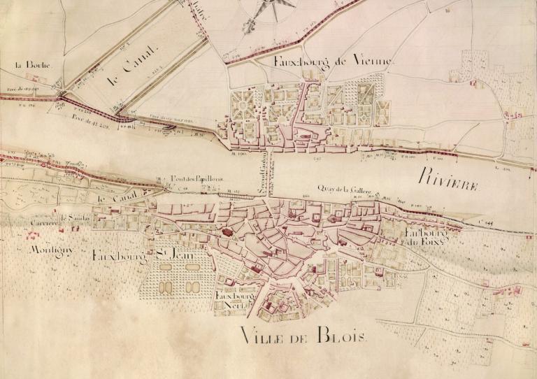 Plan de la Loire au XVIIIe siècle (probablement avant 1770). Détail sur la ville de Blois. (archives nationales, CP F 14 100 66/3, pièce 3).