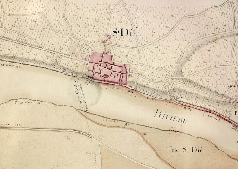 Plan de la Loire au XVIIIe siècle. Détail sur le bourg de Saint-Dyé. Mentions de petits accès au fleuve en amont du bourg. (archives nationales, CP F 14 100 66/3, pièce 3). ; Plan de la Loire au XVIIIe siècle. Détail sur le bourg de Saint-Dyé. Mentions de petits accès au fleuve en amont du bourg. (archives nationales, CP F 14 100 66/3, pièce 3).
