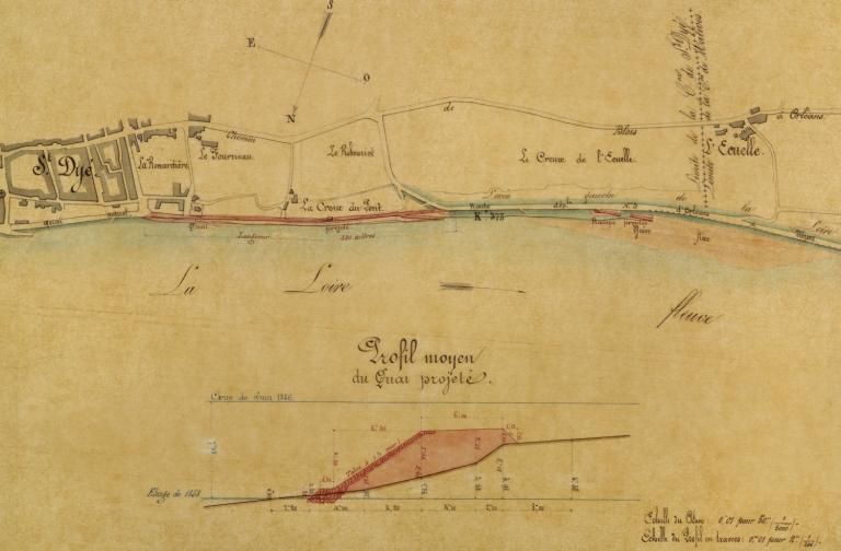 Plan du quai et de la rampe projetés à Saint-Dyé en 1860. (archives nationales, F 14 6629).