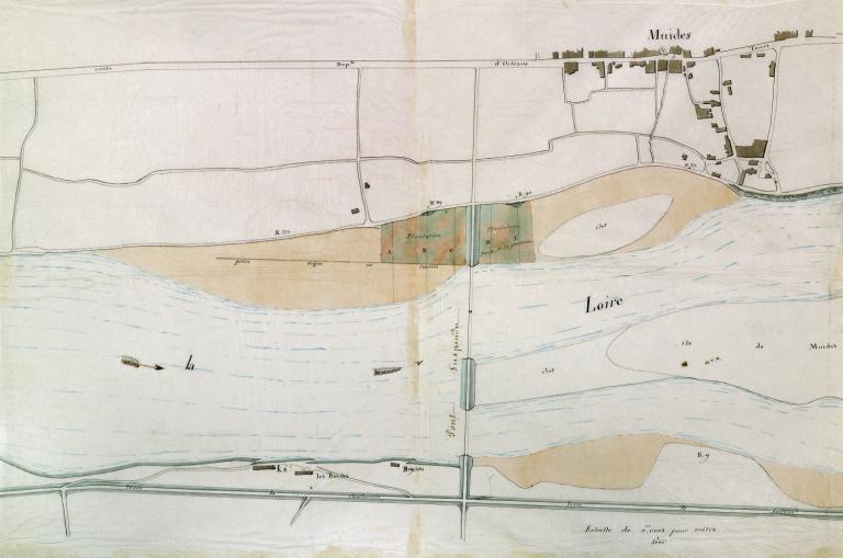 Plan de la Loire à Muides et Courbouzon par l'ingénieur ordinaire, 27 décembre 1855. Mention de pépinières sur la rive gauche (Muides). (archives nationales, F 14 6629). ; Plan de la Loire à Muides et Courbouzon par l'ingénieur ordinaire, 27 décembre 1855. Mention de cales au lieudit les Bordes. (archives nationales, F 14 6629). ; Plan de la Loire à Muides et Courbouzon par l'ingénieur ordinaire, 27 décembre 1855. Mention d'une cale vis à vis du bourg de Muides. (archives nationales, F 14 6629).