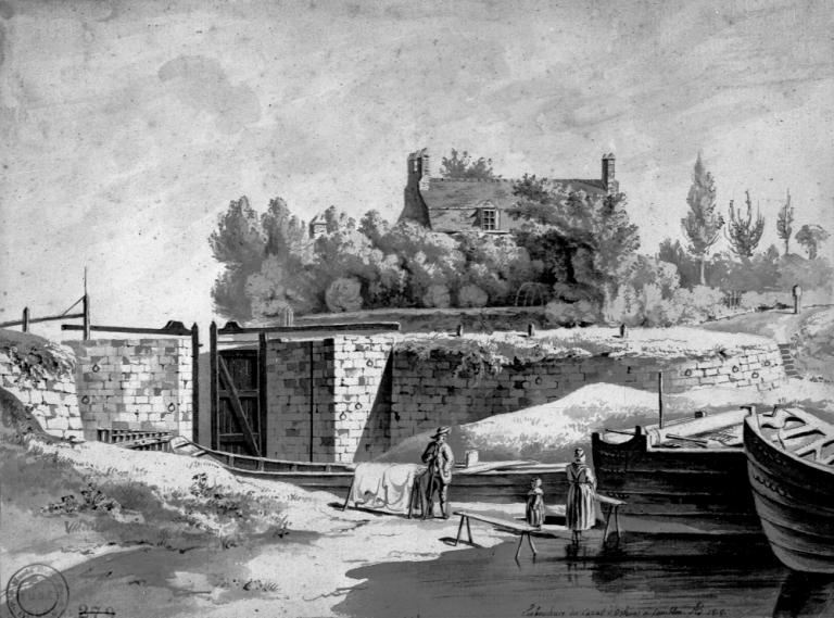 Embouchure du canal d'Orléans à Combleux par A. de Bizemont, 1818. (archives départementales du Loiret, DCT 10772).