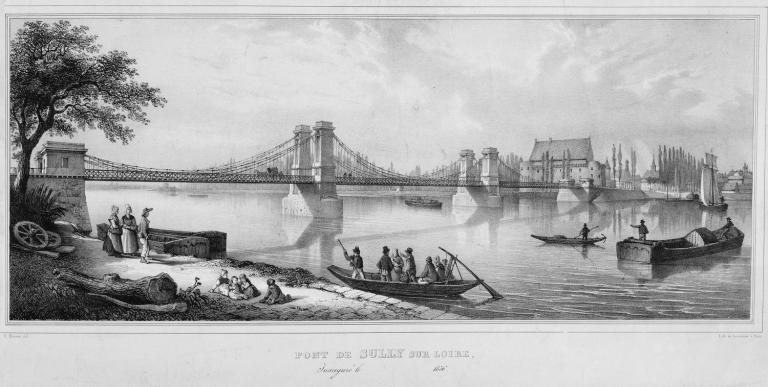 Pont suspendu sur la Loire reliant Saint-Père et Sully-sur-Loire et inauguré en 1836. Au premier plan, le port de Saint-Père. (bibliothèque nationale de France, Département des Estampes : Va 45 H 130117).