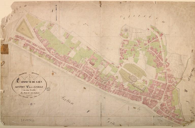 Extrait du cadastre napoléonien, section A1 de la ville (rive droite), 1827.  (archives départementales du Loiret, 3 P 155 A).