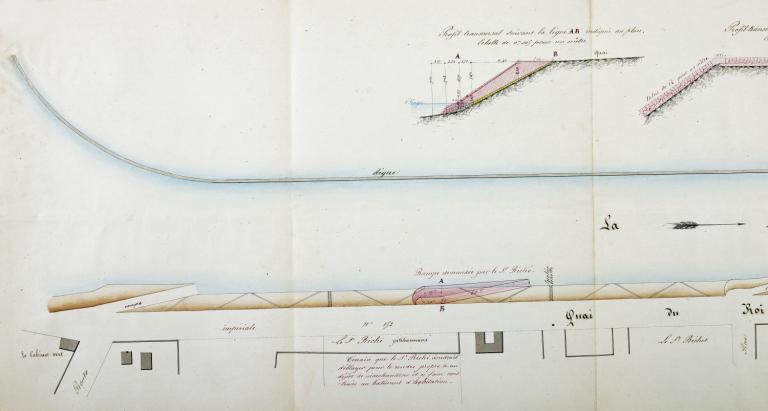 Plan des quais d'Orléans relatif à la demande de M. Riché tendant à obtenir la construction d'une rampe d'accès à la Loire, quai du Roi, par l'ingénieur ordinaire le 16 janvier 1864. Détail. A gauche, la cale du Cabinet vert.