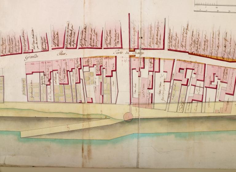 Détail de la copie du plan envoyé par l'ingénieur de Régemortes à l'ingénieur en chef des Ponts-et-Chaussées de la généralité d'Orléans, 18 septembre 1773.  (archives départementales du Loiret, C 336).