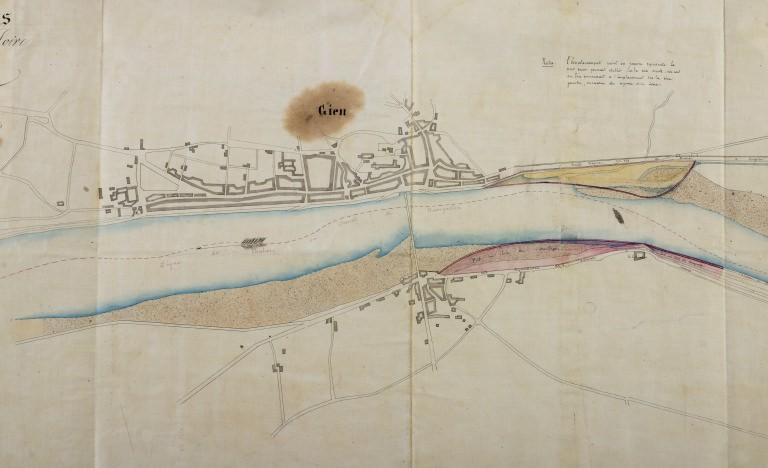 Plan général de la Loire pour servir au projet d'établissement de deux ports aux bois (charpente et chauffage), 2 septembre 1844. (archives départementales du Loiret, 2 S 53).