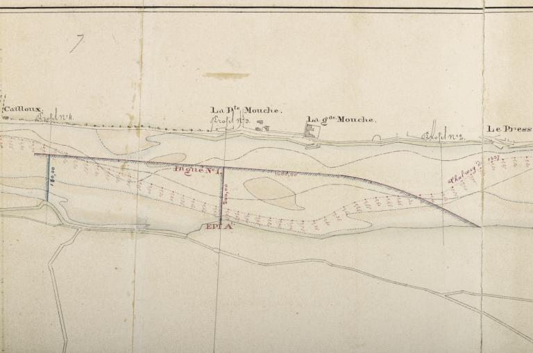 Plan de la Loire, rive droite, en amont de la ville de Meung-sur-Loire, par l'ingénieur Cormier, 21 décembre 1837. Détail. (archives départementales du Loiret, 2 S 78).