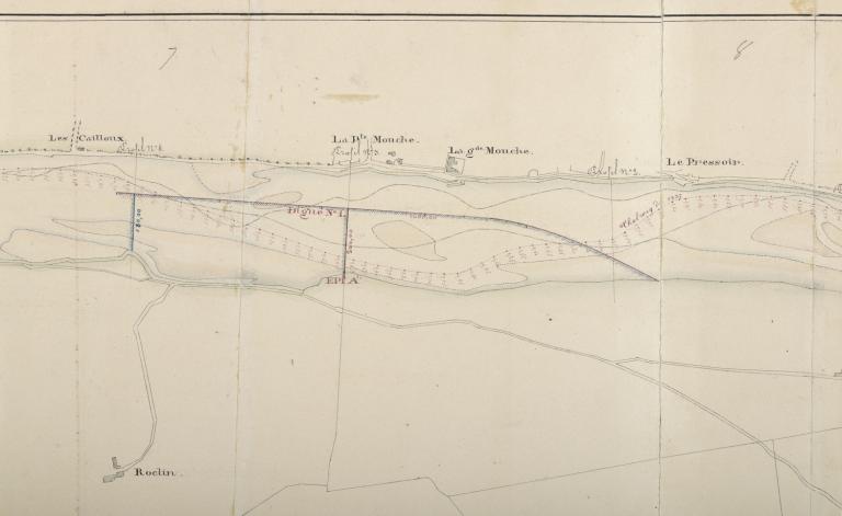 Plan de la Loire, rive droite, en amont de la ville de Meung-sur-Loire, par l'ingénieur Cormier, 21 décembre 1837. Détail. (archives départementales du Loiret, 2 S 78).