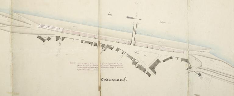 Plan du port de Châteauneuf en 1870. (archives départementales du Loiret, 2 S 100). ; Plan du port de Châteauneuf en 1870. (archives départementales du Loiret, 2 S 100).