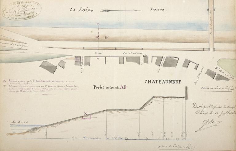 Plan et profil du quai de Penthièvre en amont du pont dressé par l'ingénieur ordinaire le 15 juillet 1879. Mention de réservoirs à poissons en x et y. (archives départementales du Loiret, 2 S 100). ; Plan et profil du quai de Penthièvre en amont du pont dressé par l'ingénieur ordinaire le 15 juillet 1879. Mention de réservoirs à poissons en x et y. (archives départementales du Loiret, 2 S 100).