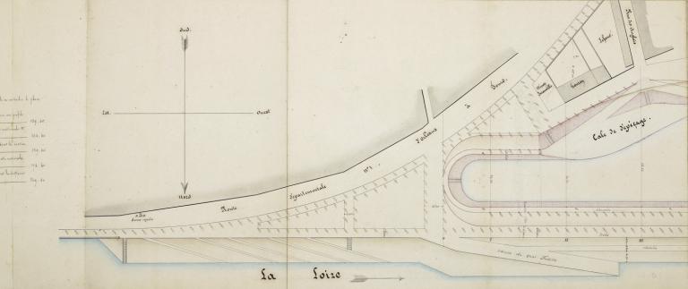 Projet non approuvé d'une gare dans le port d'Orléans, rive gauche en aval du pont George V. Cette gare devait contenir 210 bateaux. Plan dressé par l'ingénieur Coumes le 23 avril 1850. (archives départementales du Loiret, 2 S 112). ; Projet non approuvé d'une gare dans le port d'Orléans, rive gauche en aval du pont George V. Cette gare devait contenir 210 bateaux. Plan dressé par l'ingénieur Coumes le 23 avril 1850. (archives départementales du Loiret, 2 S 112).