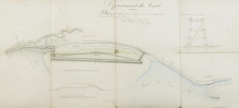 Projet non approuvé d'une gare à établir à Combleux près de l'embouchure du canal d'Orléans. Plan dressé par l'ingénieur Gretry, 15 février 1822. (archives départementales du Loiret, 2 S 112).
