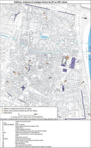 Edifices, maisons et vestiges divers du XIe au XIVe siècle.
