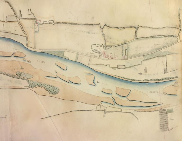 Plan du cours de la Loire, 11 février 1834, par l'ingénieur Navarre. Détail sur Saint-Firmin-sur-Loire. (archives nationales, site de Paris, CP F 14 100 66/1, dossier 1, pièce 1). ; Plan du cours de la Loire, 11 février 1834, par l'ingénieur Navarre. Détail sur Saint-Firmin-sur-Loire. (archives nationales, site de Paris, CP F 14 100 66/1, dossier 1, pièce 1).