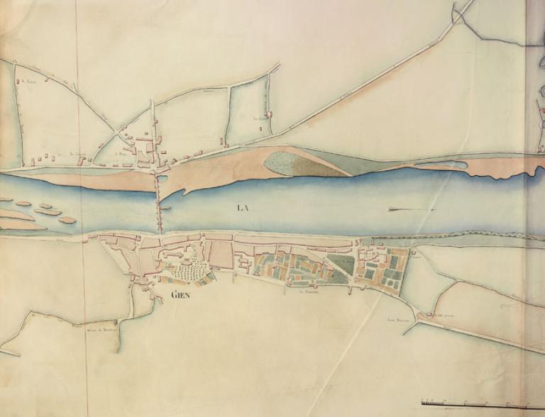 Plan du cours de la Loire par l'ingénieur Navarre, 11 février 1834, détail.  (archives nationales, site de Paris, CP F 14 100 66/1, dossier 1, pièce 1).