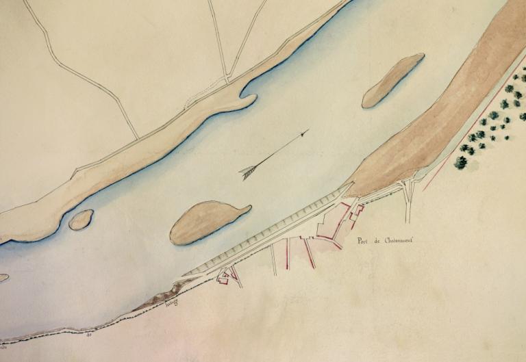 Plan du cours de la Loire dans le département du Loiret, par l'ingénieur Navarre, 11 février 1834. Détail. (archives nationales, site de Paris, CP F 14 100 66/1, dossier 1, pièce 1). ; Plan du cours de la Loire dans le département du Loiret, par l'ingénieur Navarre, 11 février 1834. Détail sur le port de Châteauneuf. (archives nationales, site de Paris, CP F 14 100 66/1, dossier 1, pièce 1).