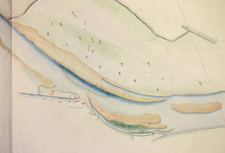 Plan du cours de la Loire dans le département du Loiret, 11 février 1834, par l'ingénieur Navarre. Détail. (archives nationales, site de Paris, CP F 14 100 66/1, dossier 1, pièce 1).