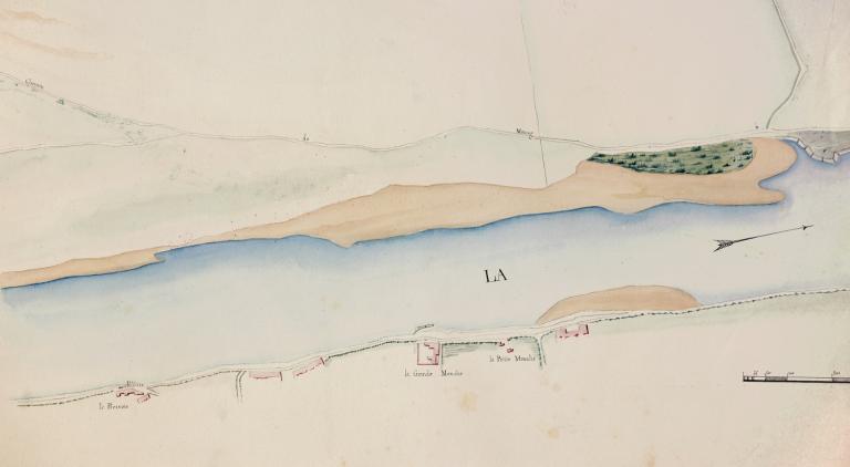 Plan du cours de la Loire dans le département du Loiret, 11 février 1834, par l'ingénieur Navarre. Détail. (archives nationales, site de Paris, CP F 14 100 66/1, dossier 1, pièce 1).