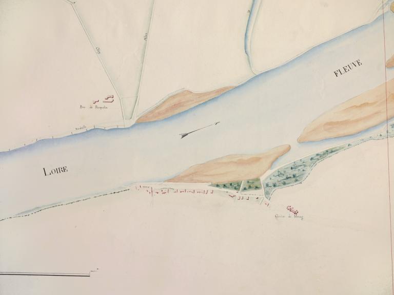 Plan du cours de la Loire dans le département du Loiret, 11 février 1834, par l'ingénieur Navarre. Détail. (archives nationales, site de Paris, CP F 14 100 66/1, dossier 1, pièce 1).