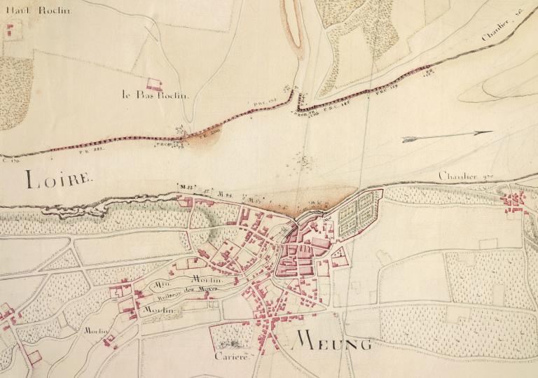 Plan de la Loire au XVIIIe siècle. Détail. (archives nationales, site de Paris, CP F 14 100 66/3, pièce 3).
