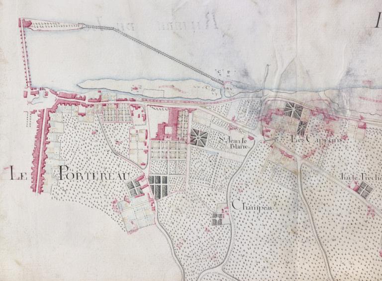 Carte de la Loire, rive gauche, XVIIIe siècle. Détail sur Saint-Jean-le-Blanc. (archives nationales, site de Paris, CP F 14 100 66/4, dossier 4, pièce 1).