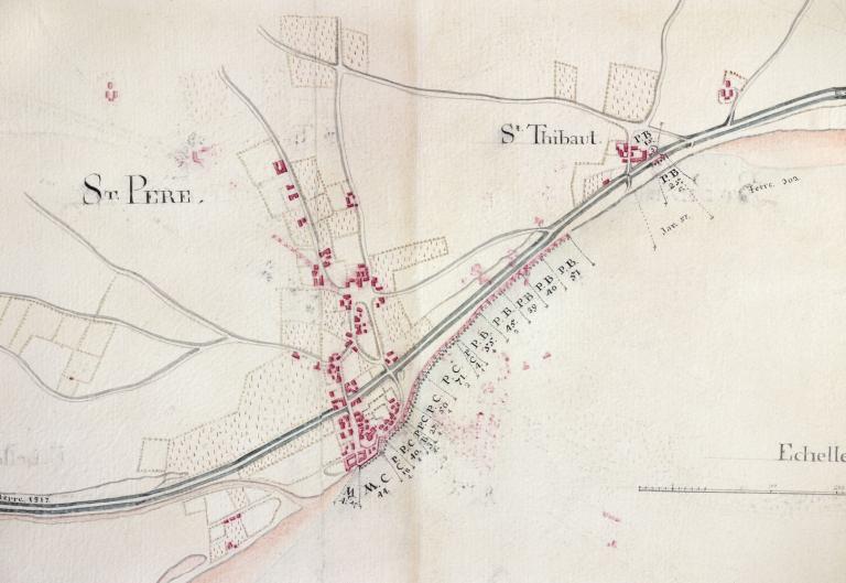 Carte de la Loire, rive droite, non datée (XVIIIe siècle), détail. (archives nationales, site de Paris, CP F 14 100 66/4, dossier 4, pièce 2).