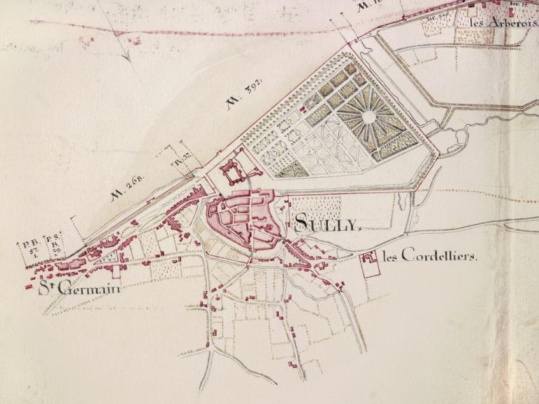 Carte de la Loire, rive gauche, XVIIIe siècle, détail sur la ville de Sully. (archives nationales, site de Paris, CP F 14 100 66/4, dossier 4, pièce 3).