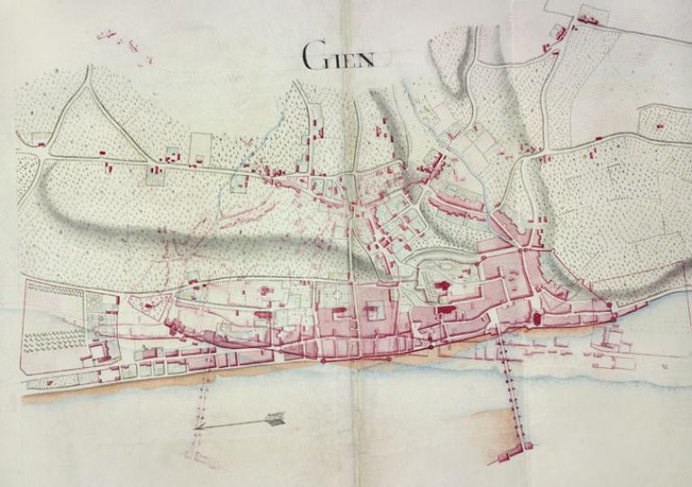 Carte de la Loire, rive droite, non daté (XVIIIe siècle), détail.  (archives nationales, site de Paris, CP F 14 100 66/4, dossier 4, pièce 4).