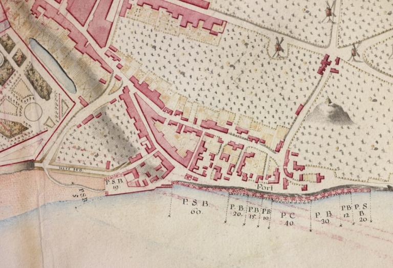 Carte de la Loire du XVIIIe siècle, détail sur le port de Châteauneuf. (archives nationales, site de Paris, CP F 14 100 66/4, dossier 4, pièce 4).