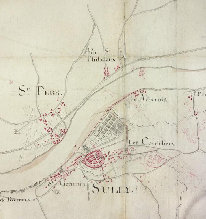 Carte de la Loire, non datée (XVIIIe siècle), détail. (archives nationales, site de Paris, CP F 14 100 66/4, dossier 4, pièce 5). ; Carte de la Loire, non datée (XVIIIe siècle), détail mentionnant le port de Saint-Thibault. (archives nationales, site de Paris, CP F 14 100 66/4, dossier 4, pièce 5).