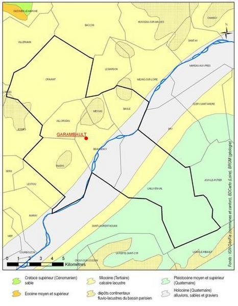 Carte géologique du canton avec situation de la carrière de Garambault à Beaugency dont la pierre calcaire servait à produire de la chaux.