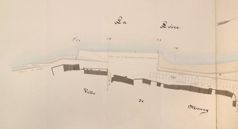Plan de la rive droite de la Loire, en amont du pont de Meung, par l'ingénieur Sainjon, 7 janvier 1865. Détail. (archives nationales, site de Paris, F 14 6641).