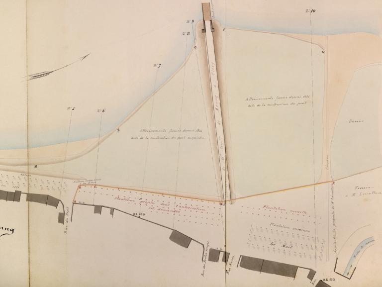Plan de la rive droite en amont du pont de Meung (détail), 7 janvier 1865, par l'ingénieur Sainjon. (archives nationales, site de Paris, F 14 6641).