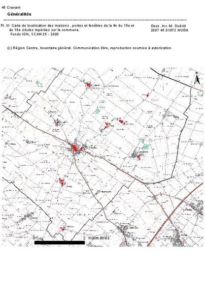 Carte de localisation des maisons, portes et fenêtres de la fin du 15e et du 16e siècle, repérées sur la commune. Fonds IGN SCAN 25 - 2000