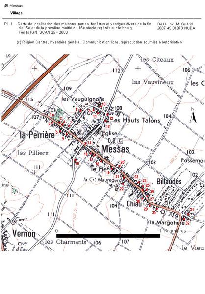 Carte de localisation des maisons, portes, fenêtres ou cheminées de la fin du 15e et du 16e siècle, repérées dans le bourg. Fonds IGN SCAN 25 - 2000