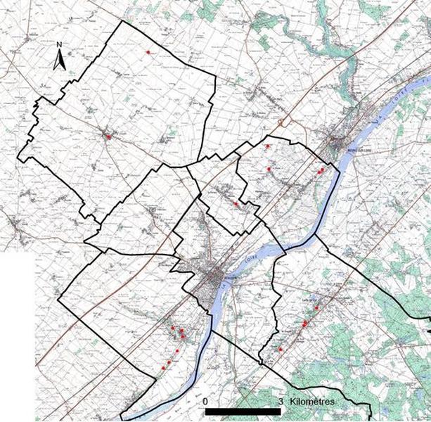 Carte de localisation des maisons rurales datées dans les communes du canton. Fonds IGN SCAN 25 - 2000