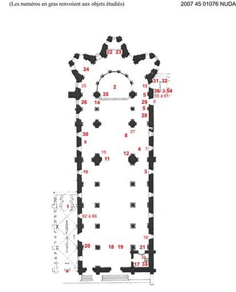 Plan de situation des objets étudiés et repérés. Fonds de plan : del Deporte, H. architecte, 1943. Les numéros en gras renvoient aux objets étudiés.