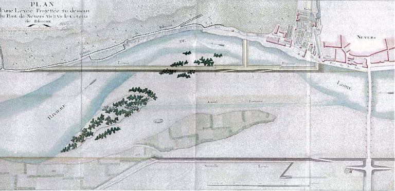 Plan d'une levée projetée au-dessous du pont de Nevers vis à vis le coteau de Billereux, 1er janvier 1789. (archives nationales, F 14 181 a).