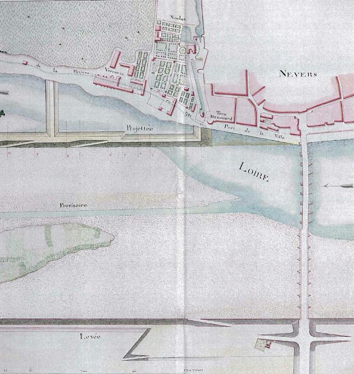 Plan d'une levée projetée au-dessous du pont de Nevers vis à vis le coteau de Billereux, 1er janvier 1789. Détail. (archives nationales, F 14 181 a). ; Plan d'une levée projetée au-dessous du pont de Nevers vis à vis le coteau de Billereux, 1er janvier 1789. Détail. (archives nationales, F 14 181 a).