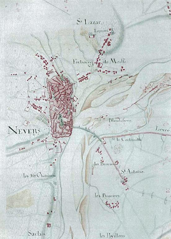 Carte du cours de la Loire, XVIIIe siècle. Détail. (archives nationales, CP F 14 100 66 / 4, dossier 4, pièce 5).