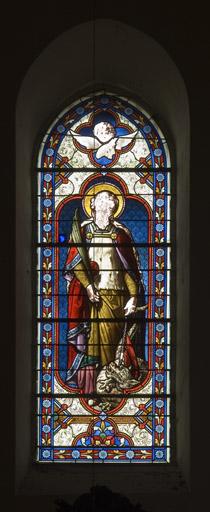 Vue d'ensemble. Verrière située dans le transept nord et réalisée par le peintre verrier Gaspard Gsell (1814-1904).